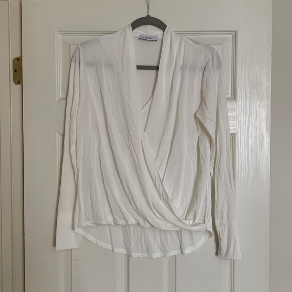 Abbeline sheer white cross front blouse, size large